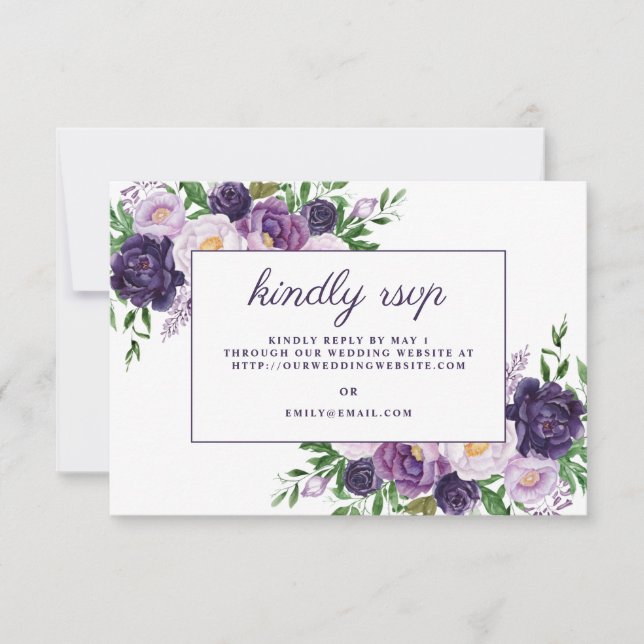Elegant Plum Purple Floral Wedding Website RSVP  Card (Front)
