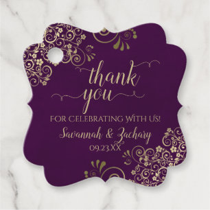 Elegant Plum Purple & Gold Curls Wedding Thank You Favour Tags