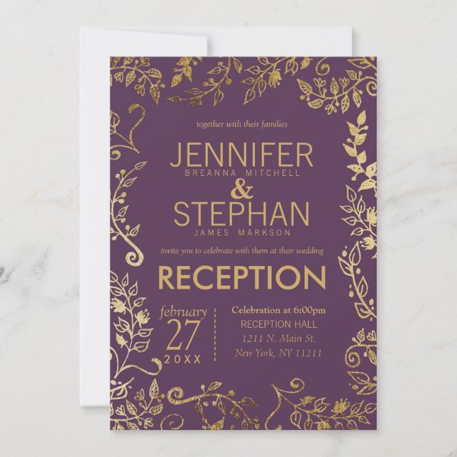 Elegant Plum Purple Gold Floral Wedding Reception Invitation (Front)