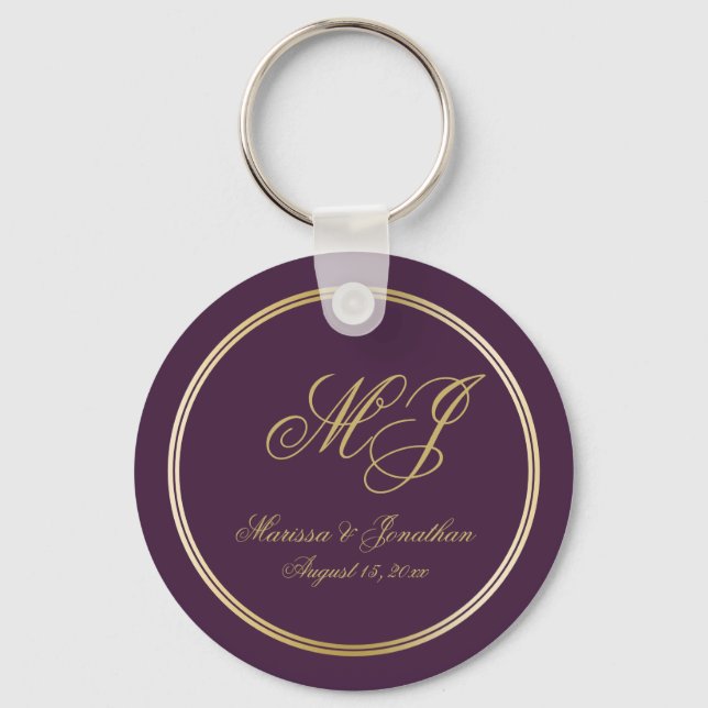 Elegant Plum Purple Gold Monogram Script Wedding Key Ring (Front)