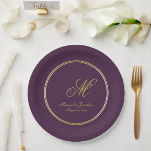 Elegant Plum Purple Gold Monogram Script Wedding Paper Plate
