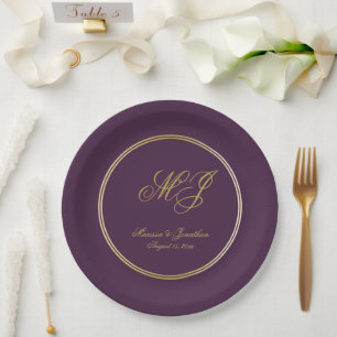 Elegant Plum Purple Gold Monogram Script Wedding Paper Plate