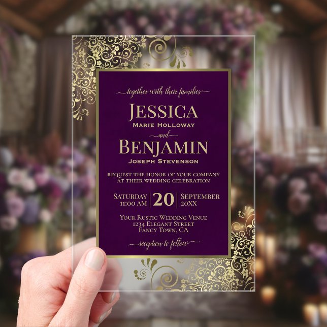 Elegant Plum Purple & Gold Stylish Text Wedding Acrylic Invitations (Creator Uploaded)