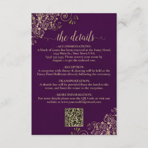 Elegant Plum Purple & Gold Wedding QR Code Details Enclosure Card