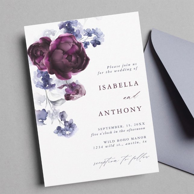 Elegant Plum Purple & Indigo Blue Floral Wedding Invitation (Creator Uploaded)