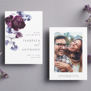Elegant Plum Purple & Indigo Blue Floral Wedding Save The Date