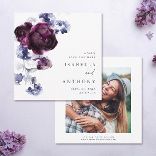 Elegant Plum Purple & Indigo Blue Floral Wedding  Save The Date