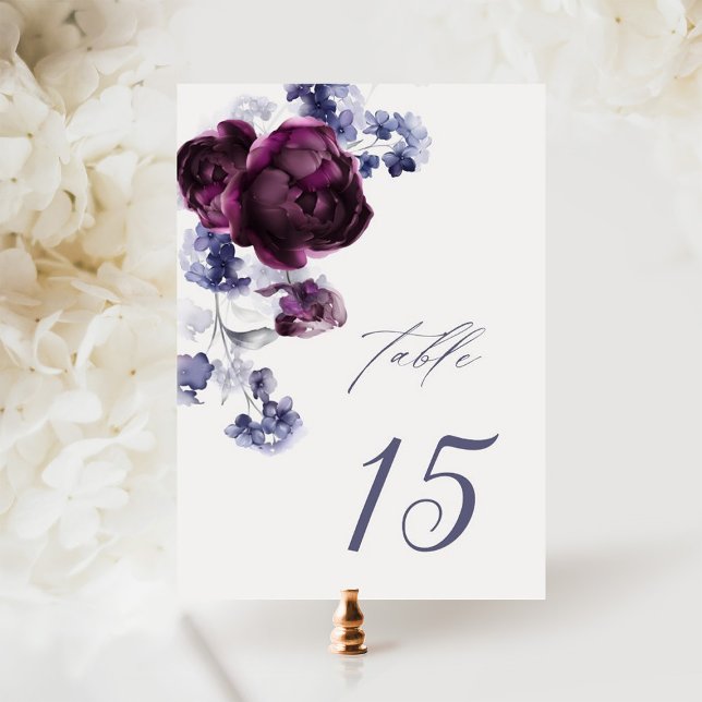 Elegant Plum Purple & Indigo Blue Floral Wedding Table Number (Creator Uploaded)