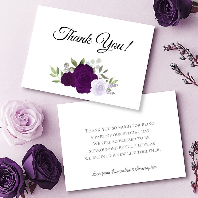 Elegant Plum Purple & Lavender Boho Roses Wedding Thank You Card (Front/Back)
