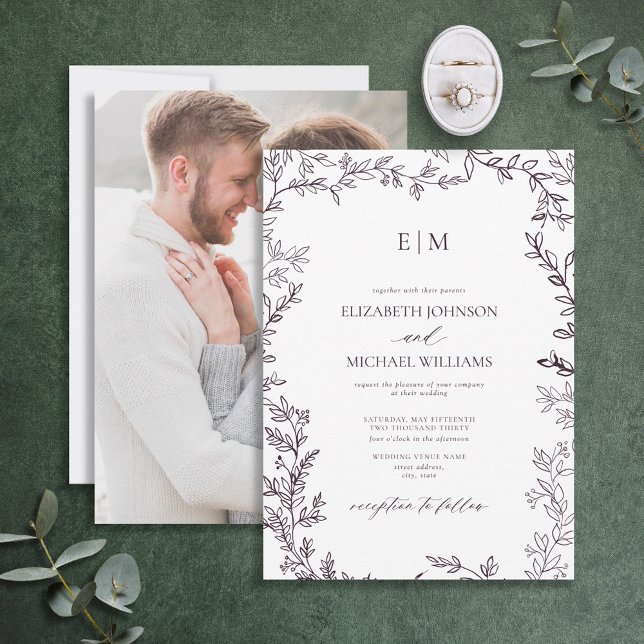 Elegant Plum Purple Leaf Photo Monogram Wedding Invitation (Creator Uploaded)