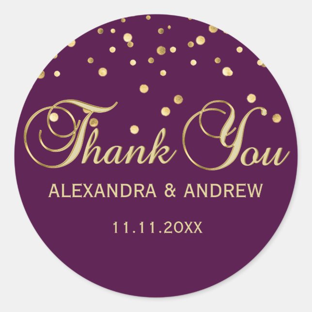 Elegant PLUM PURPLE MAUVE Gold Wedding Thank You Classic Round Sticker (Front)