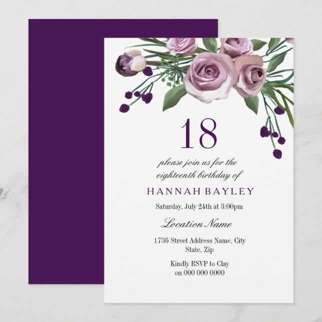 Elegant Plum Purple Rose 18th Birthday Invitation (Front/Back)