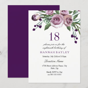 Elegant Plum Purple Rose 18th Birthday Invitation