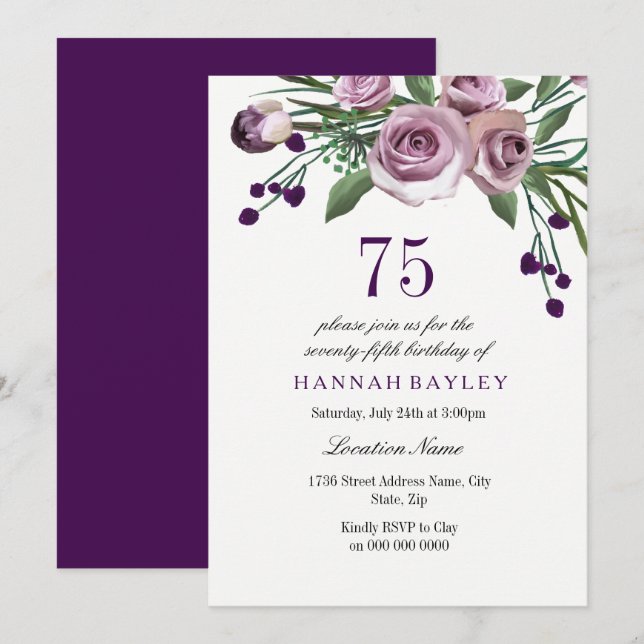 Elegant Plum Purple Rose 75th Birthday Invitation (Front/Back)