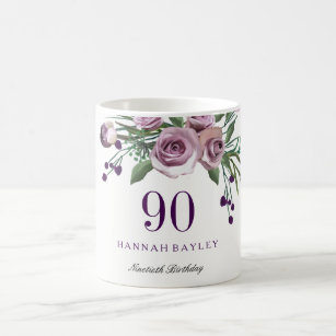 Elegant Plum Purple Rose Floral 90th Birthday Coffee Mug
