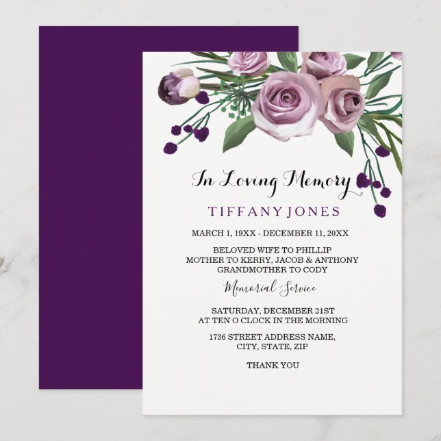 Elegant Plum Purple Rose Funeral Memorial Service Invitation (Front/Back)