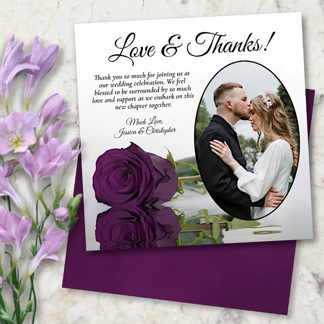 Elegant Plum Purple Rose Oval Photo Wedding Thank You Card (In Situ Front/Back)