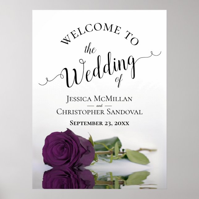 Elegant Plum Purple Rose Stylish Wedding Welcome Poster (Front)