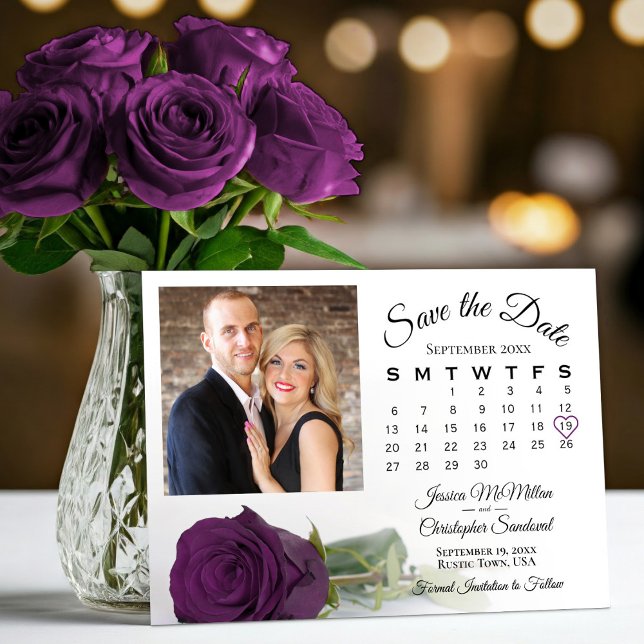Elegant Plum Purple Rose Wedding Calendar & Photo Save The Date (Creator Uploaded)