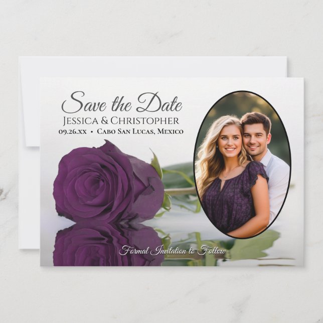 Elegant Plum Purple Rose with Oval Photo Wedding Save The Date (Front)