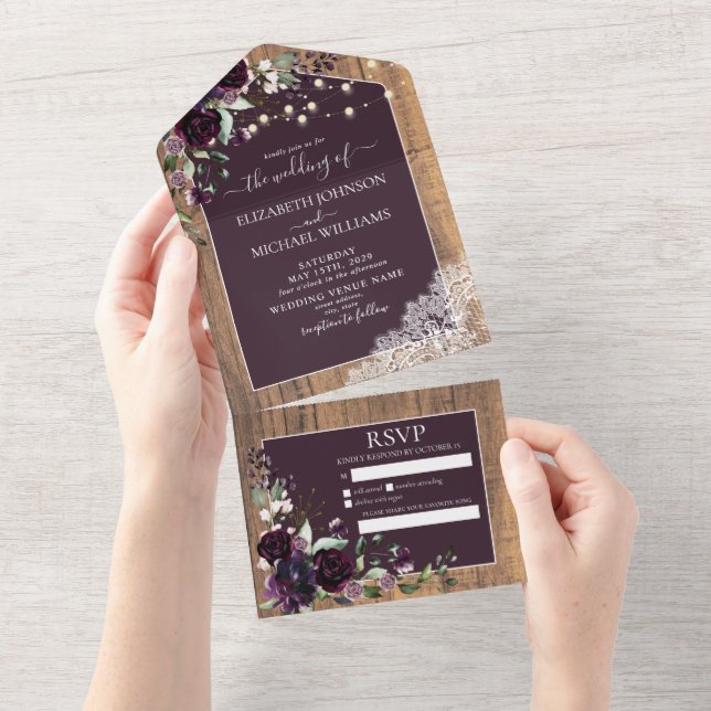 Elegant Plum Purple Rustic Wood Lace Wedding All In One Invitation (Tearaway)