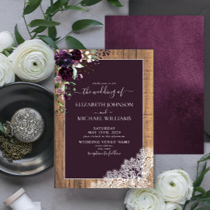 Elegant Plum Purple Rustic Wood Script Wedding Invitation