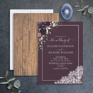 Elegant Plum Purple Rustic Wood Script Wedding  Invitation