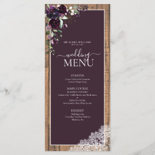 Elegant Plum Purple Rustic Wood Script Wedding Menu