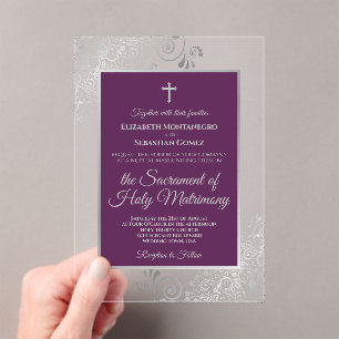 Elegant Plum Purple & Silver Catholic Wedding Acrylic Invitations