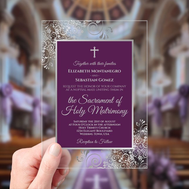 Elegant Plum Purple & Silver Catholic Wedding Acrylic Invitations (Creator Uploaded)