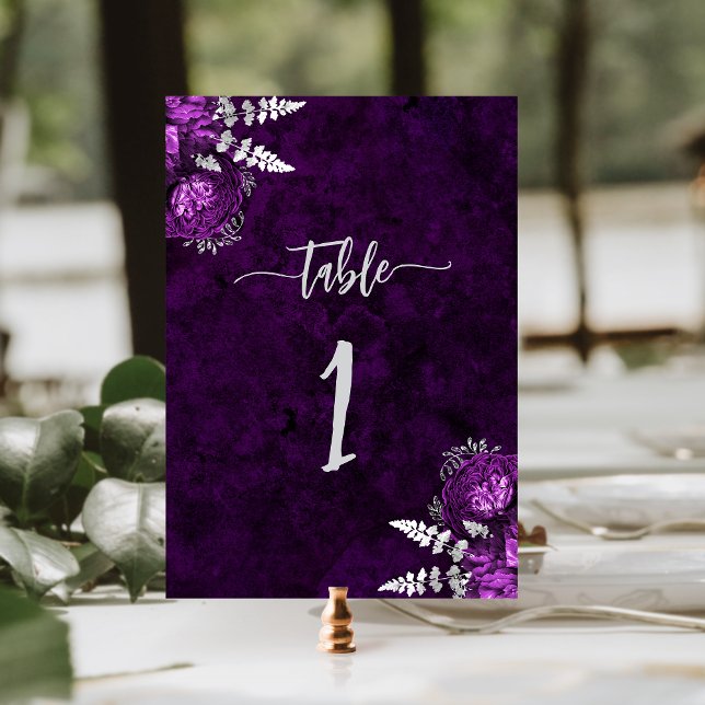 Elegant Plum Purple Silver Floral Wedding Table Number (Creator Uploaded)