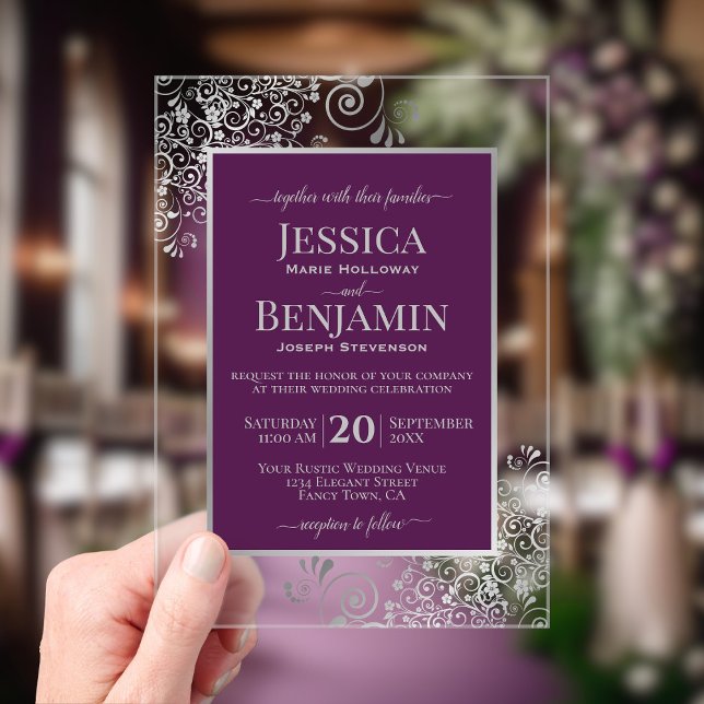 Elegant Plum Purple & Silver Stylish Text Wedding Acrylic Invitations (Clear Acrylic with Rectangle Cut)