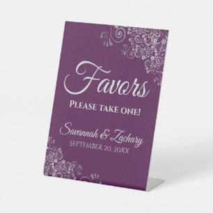 Elegant Plum Purple & Silver Wedding Favors  Pedestal Sign