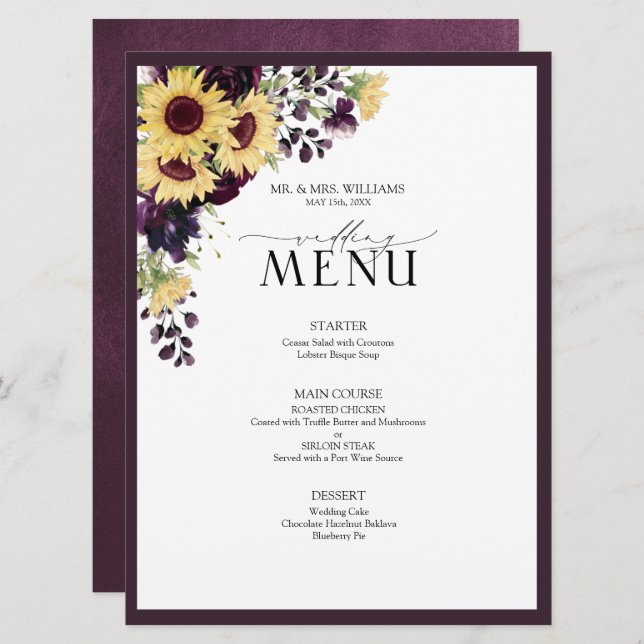 Elegant Plum Purple Sunflower Watercolor Wedding Menu (Front/Back)