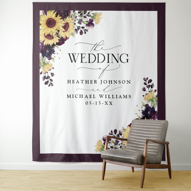 Elegant Plum Purple Sunflower Watercolor Wedding Tapestry (In Situ)