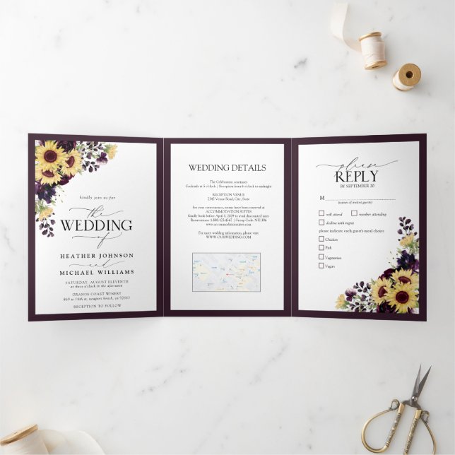 Elegant Plum Purple Sunflower Watercolor Wedding Tri-Fold Invitation (Inside)