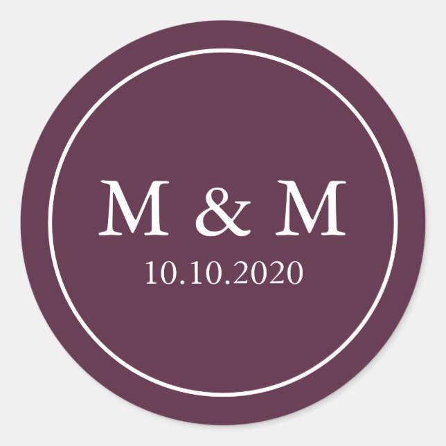 Elegant Plum Purple  Wedding Classic Monogram Classic Round Sticker (Front)