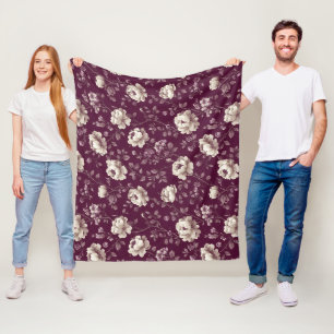 Elegant Plum Rose Ivory Floral Pattern Fleece Blanket