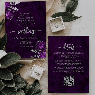 Elegant Plum Silver Floral QR Code Wedding Invitation