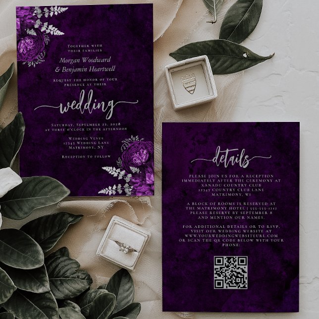 Elegant Plum Silver Floral QR Code Wedding Invitation (Creator Uploaded)