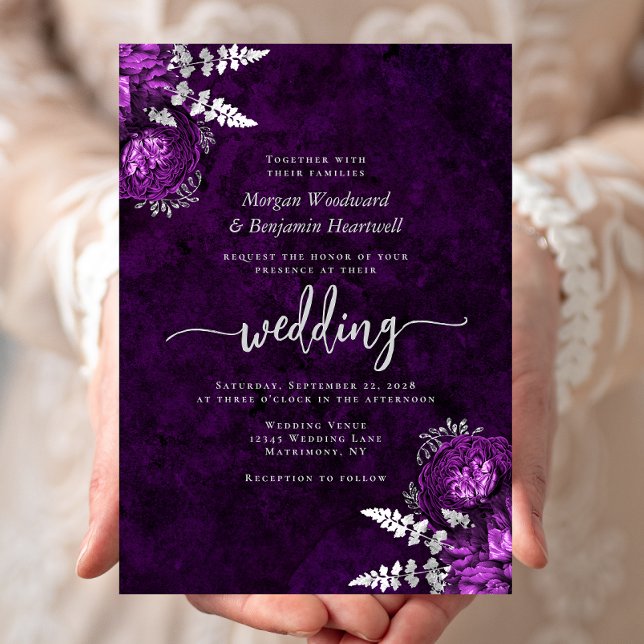 Elegant Plum Silver Floral Wedding Invitation (Creator Uploaded)
