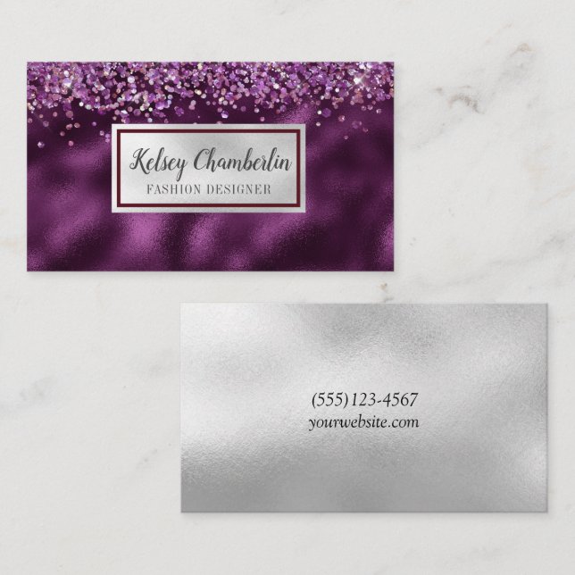 Elegant Plum & Silver Sparkle Confetti Business Card (Front/Back)