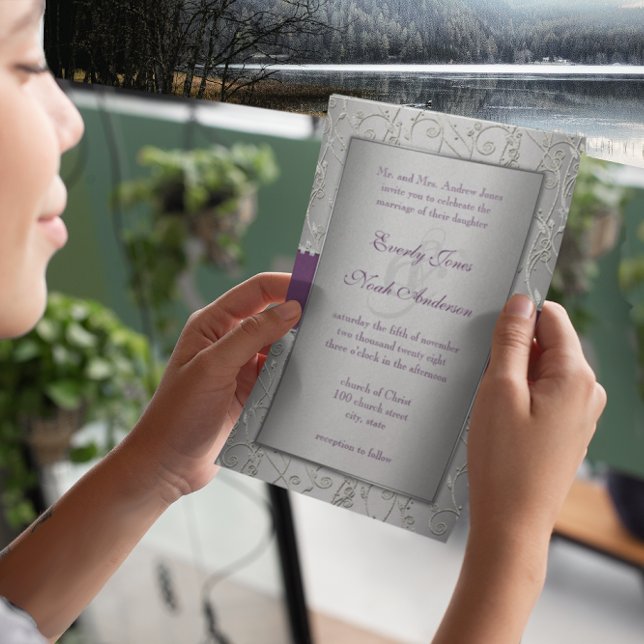 Elegant Plum Silver Swirl Wedding Invitations (Creator Uploaded)