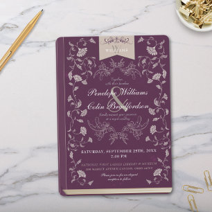 Elegant Plum Tan Vintage Floral Book Cover Wedding Invitation