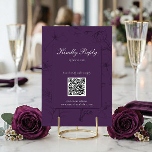 Elegant PlumPurple Floral Line Art QR Code Wedding RSVP Card