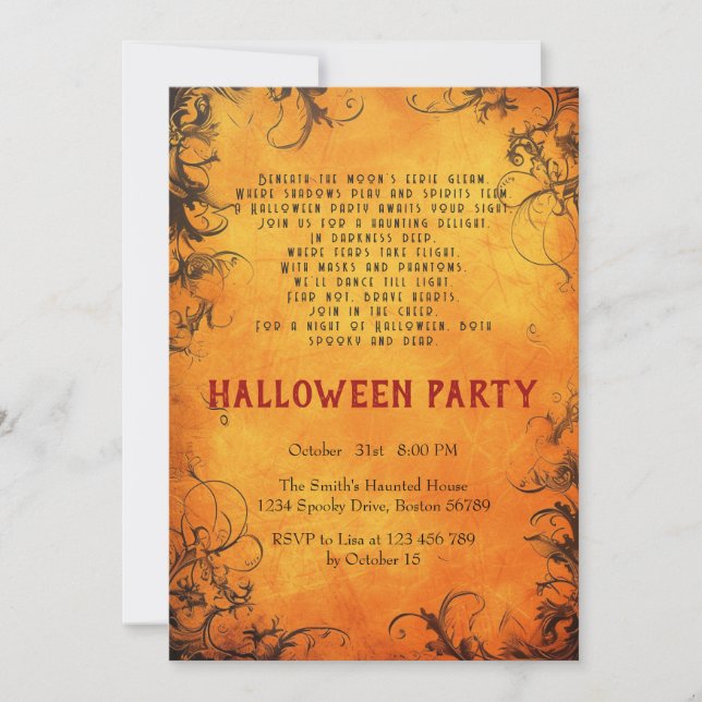 Elegant Poem and Dark trees Orange Halloween Party Invitation (Front)