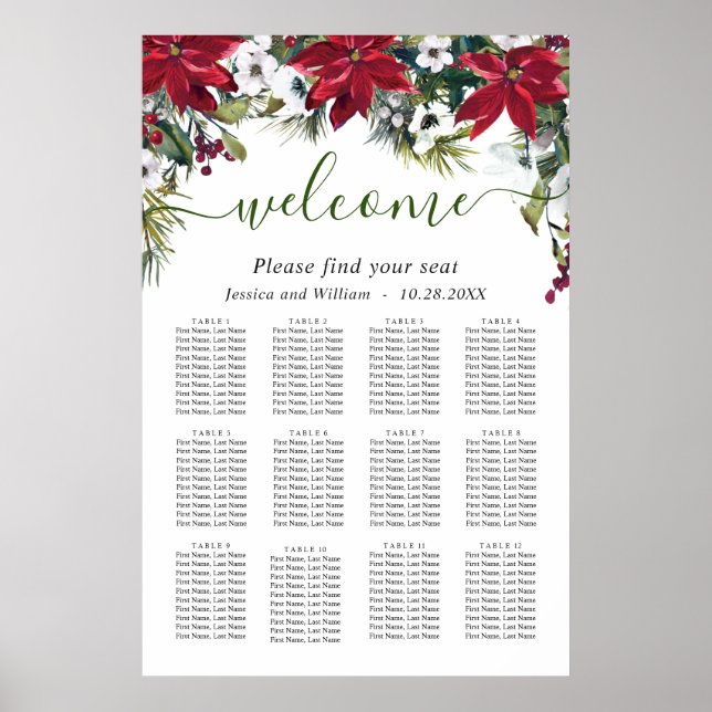 Elegant Poinsettia 12 Tables Wedding SEATING CHART (Front)