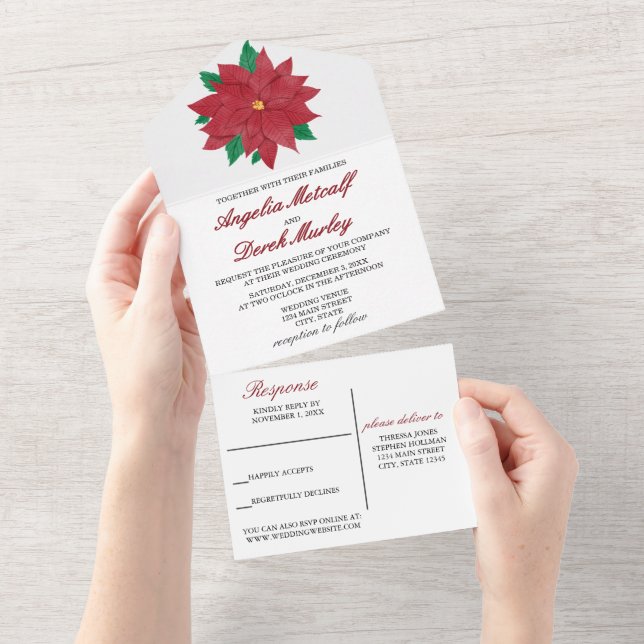 Elegant Poinsettia All-in-One Wedding Invitation (Tearaway)