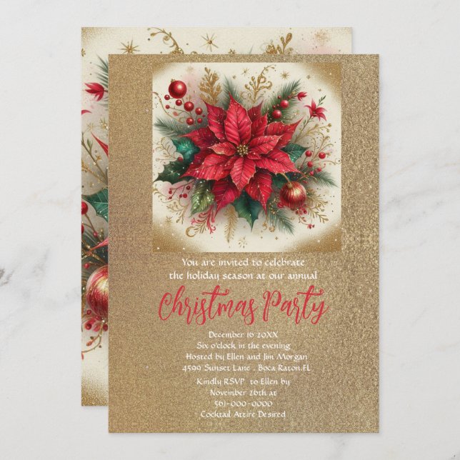 Elegant Poinsettia and Gold Glitter  Invitation (Front/Back)