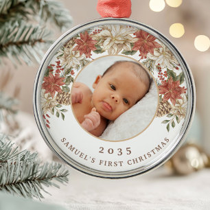 Elegant Poinsettia Baby's First Christmas Photo Metal Ornament